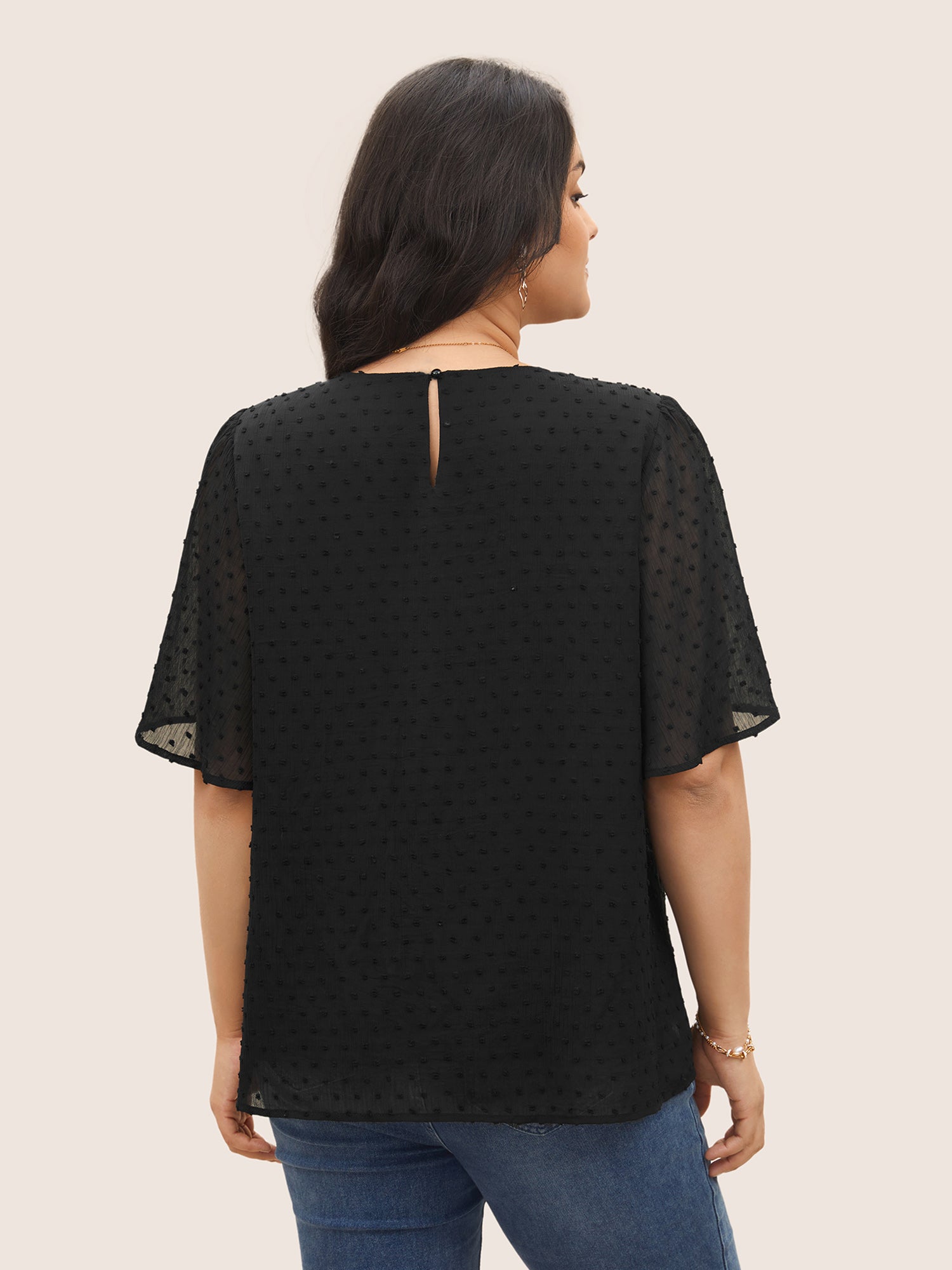 Solid Texture Lace Trim See Through Gathered Blouse