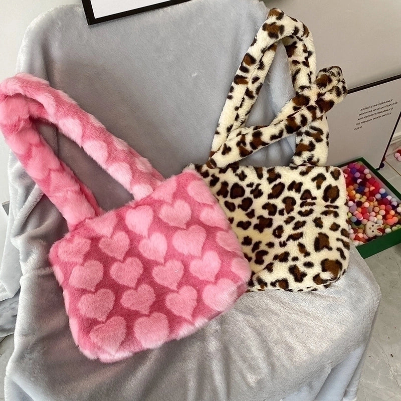 Women's Medium Cotton Plush Cartoon Heart Shape Leopard Cute Square String Shoulder Bag