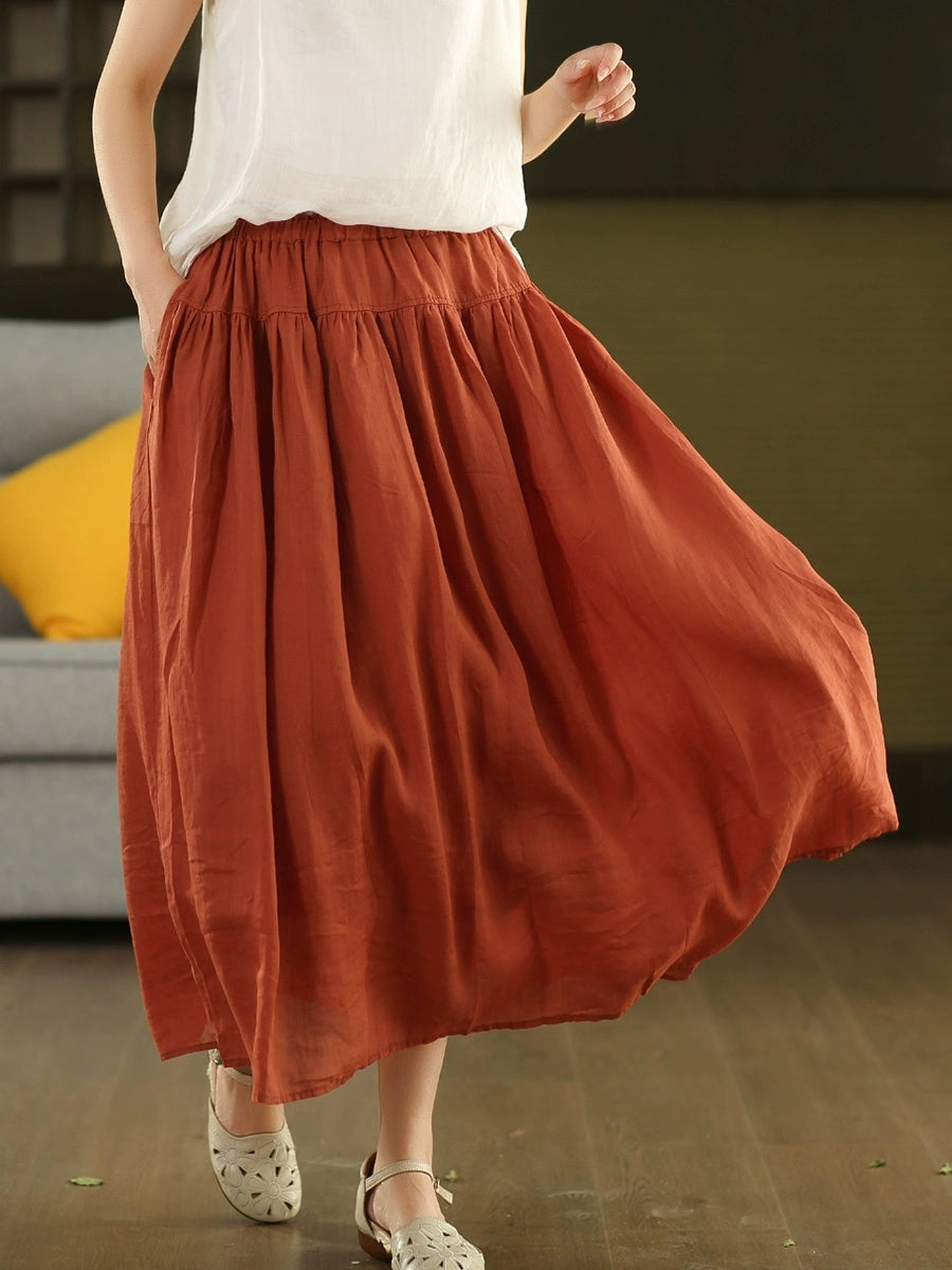Women Summer Pure Color Spliced 100%Ramie Skirt