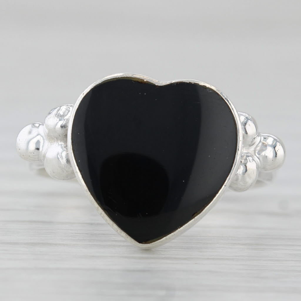 Onyx Heart Ring Sterling Silver Size 6.5 Statement