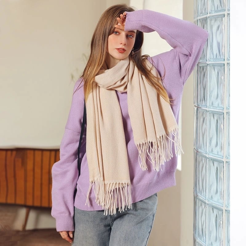 Sweet Macaron Color Herringbone Wave Pattern Scarf For Women Style Design Sense Autumn And Winter New Mid-length Large Shawl Fashion