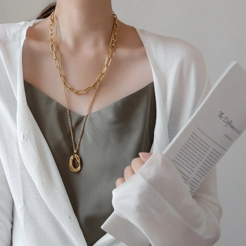 Minimalist Oval Solid Color Titanium Steel Plating Double Layer Necklaces 1 Piece