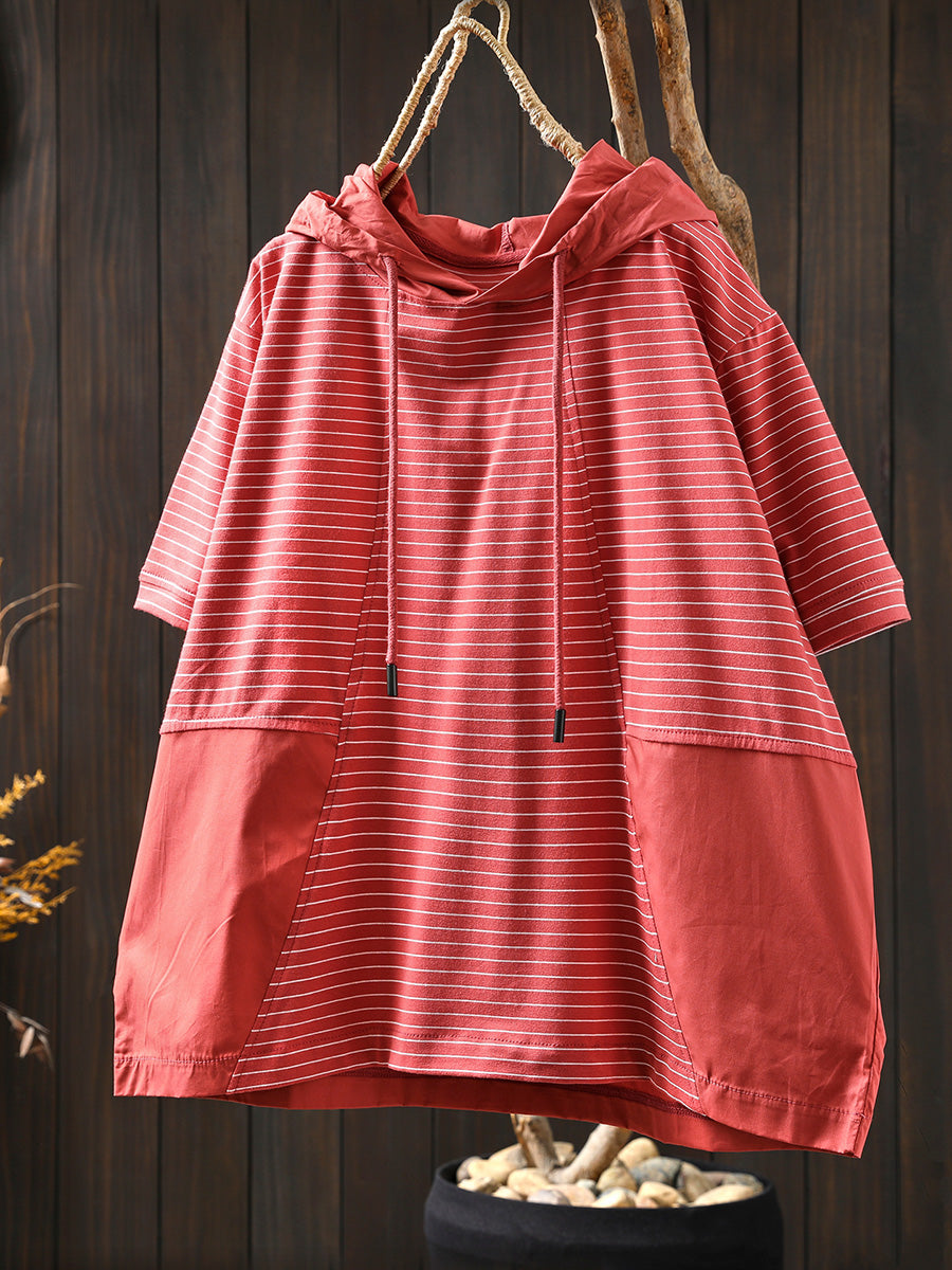 Women Summer Casual Stripe Spliced Hooded Cotton Shirt