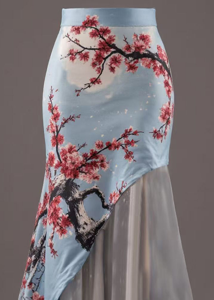 New Blue Asymmetrical Print Patchwork Skirts Summer