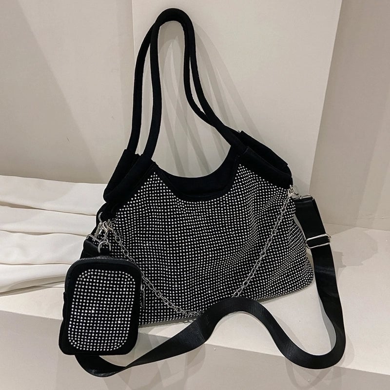 Vintage Style Solid Color Rhinestone Semicircle Zipper Shoulder Bag Tote Bag