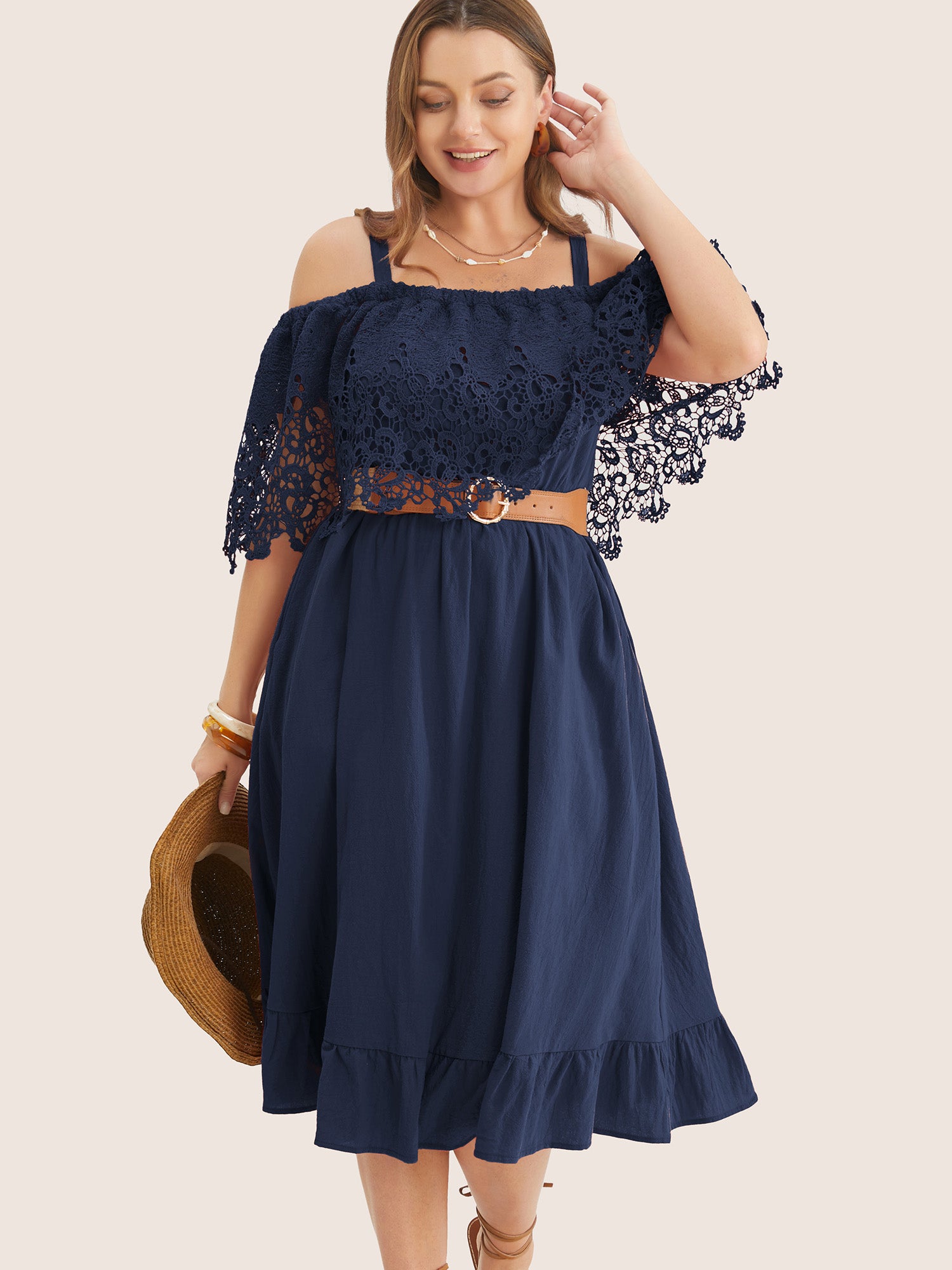 Solid Cold Shoulder Contrast Lace Pocket Ruffle Hem Dress