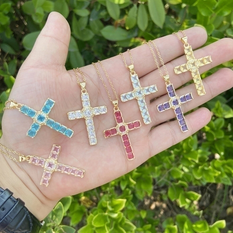 Stainless Steel Copper 18K Gold Plated Fashion Inlay Cross Zircon Pendant Necklace