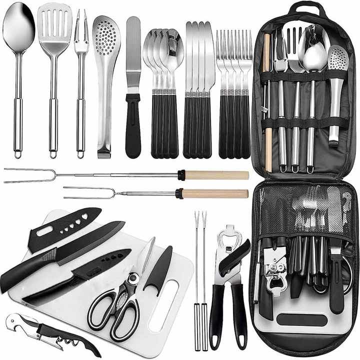 Camping Kitchen Utensil Set-27 Piece Cookware Kit, Stainless Steel Outdoor Cooking and Grilling Utensil Organizer Travel