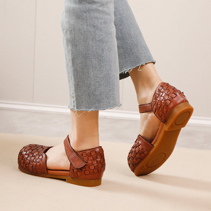 Handwoven Leather Closed Toe Flat Sandals Round Big Toe Mary Jane Shoes with Velcro Strap in Brown/Caramel