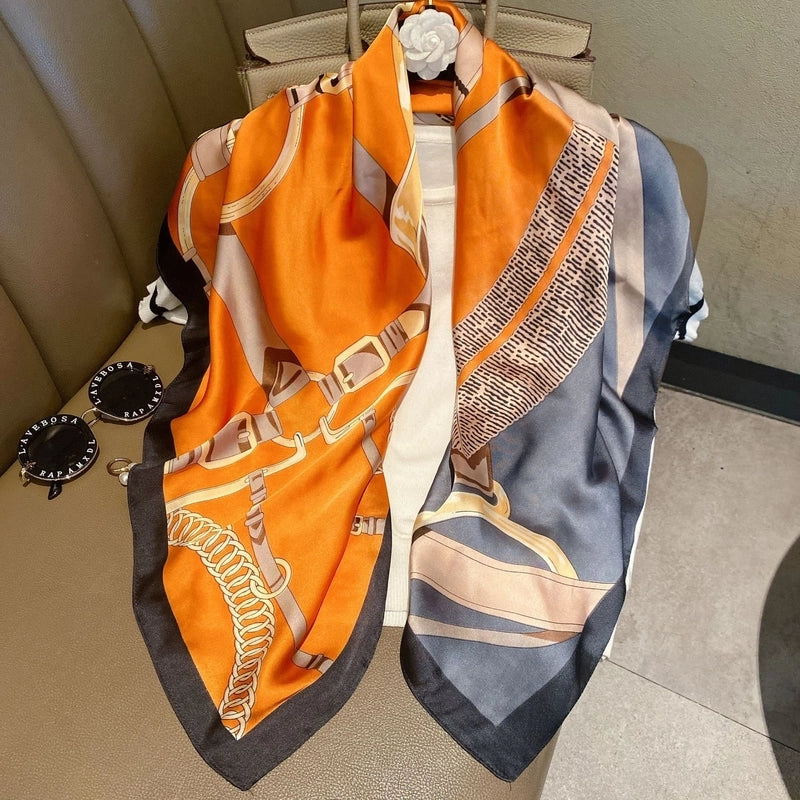 Women's IG Style Elegant Stripe Flower Chains Print Satin Printing Silk Scarf