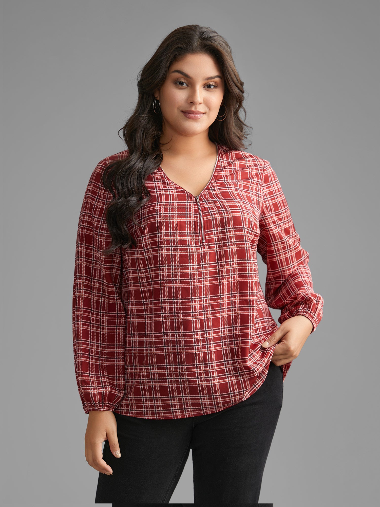 Plaid Zipper Front Lantern Sleeve Blouse