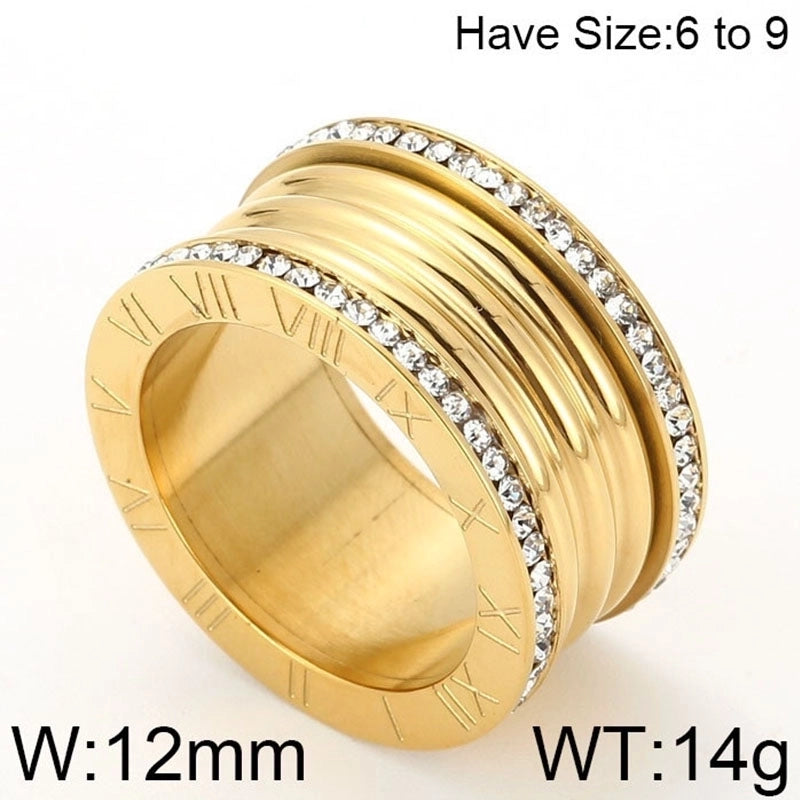Lady Roman Numeral Titanium Steel Rhinestones 18K Gold Plated Inlay Rings