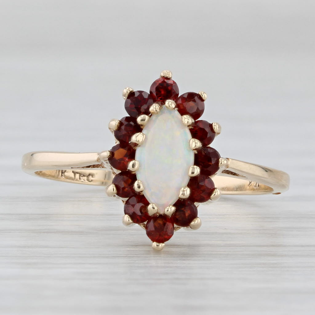 Opal Navette Cabochon Garnet Halo Ring 10k Yellow Gold Size 7.5