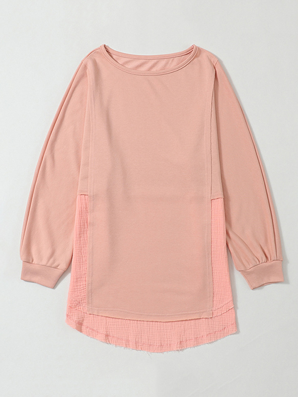 High-Low Long Sleeves Fringed Split-Joint Split-Side Round-Neck Sweatshirt Tops