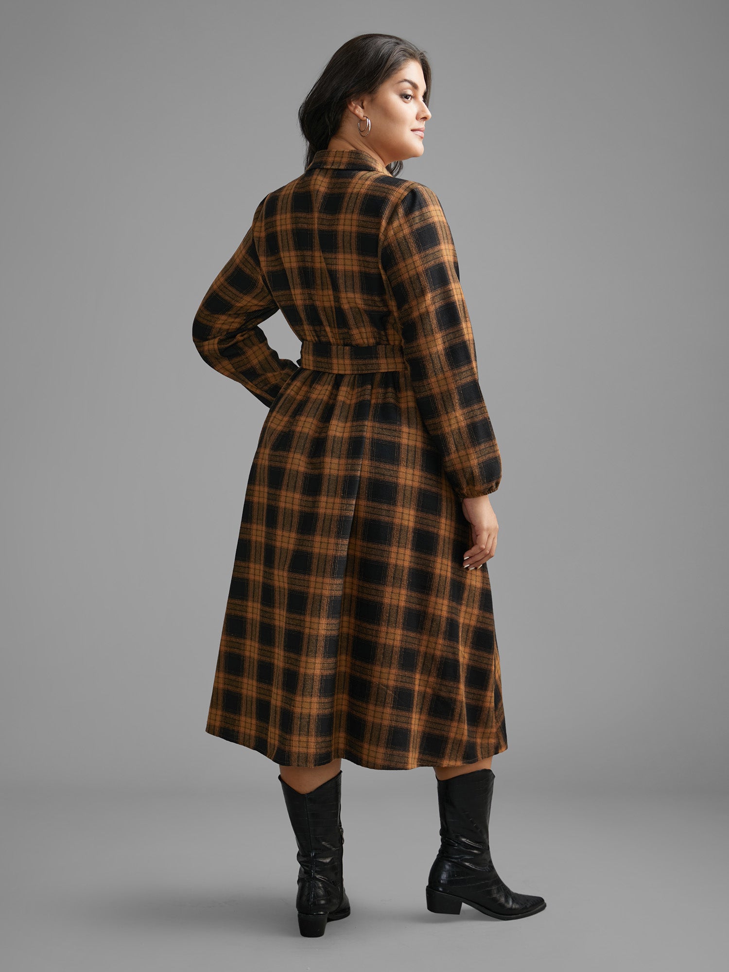 Shirt Collar Plaid Belted Midi Dress