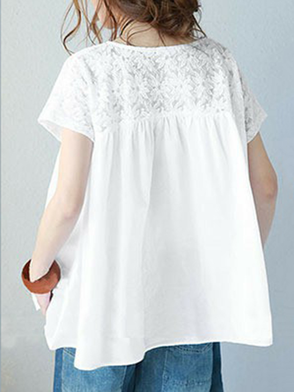 Vintage Solid Color Split-Joint Pleated Embroidered Hollow Lace Round-Neck Short Sleeves T-Shirt