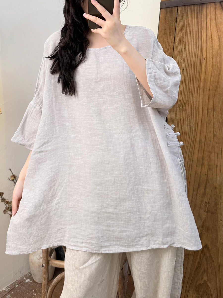 Women Summer Vintage Pure Color O-Neck Hemp Shirt
