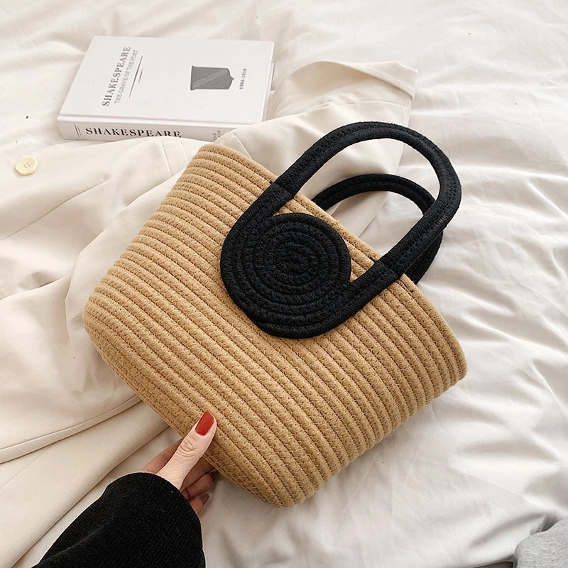 Women's Medium Cotton Rope Color Block Beach Classic Style Square Open Tote Bag