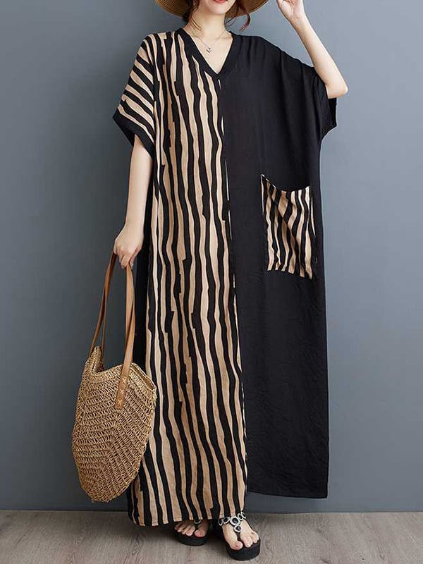 A-Line Batwing Sleeves Contrast Color Pockets Split-Joint Striped V-Neck Maxi Dresses