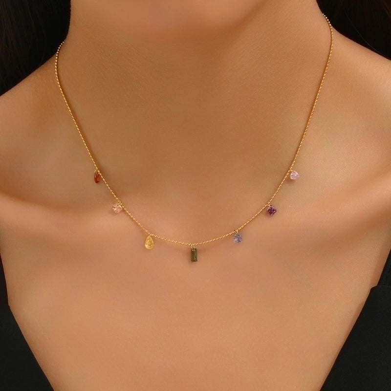 Vintage Style Color Block 304 Stainless Steel Titanium Steel Crystal 18K Gold Plated Beaded Plating Necklace