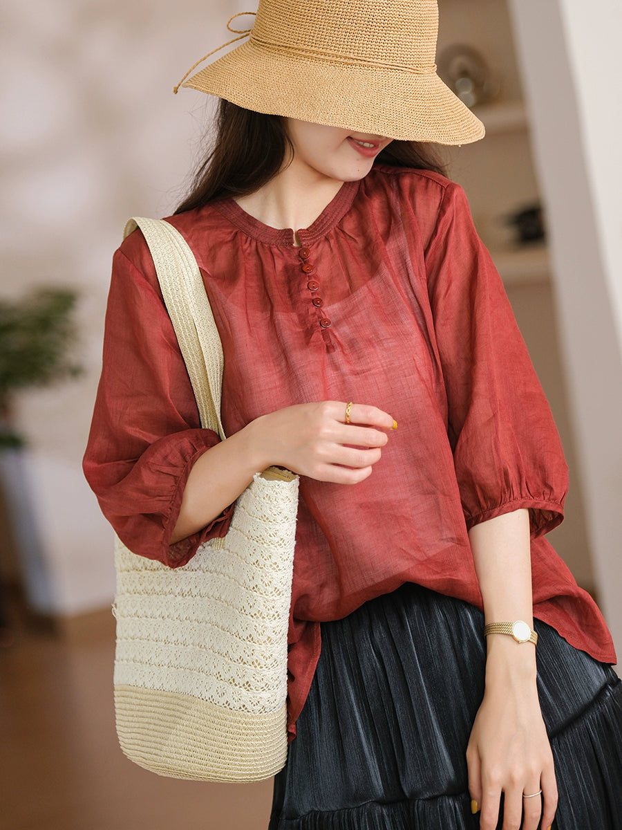 Women Summer Artsy Stand Collar Thin 100%Ramie Shirt