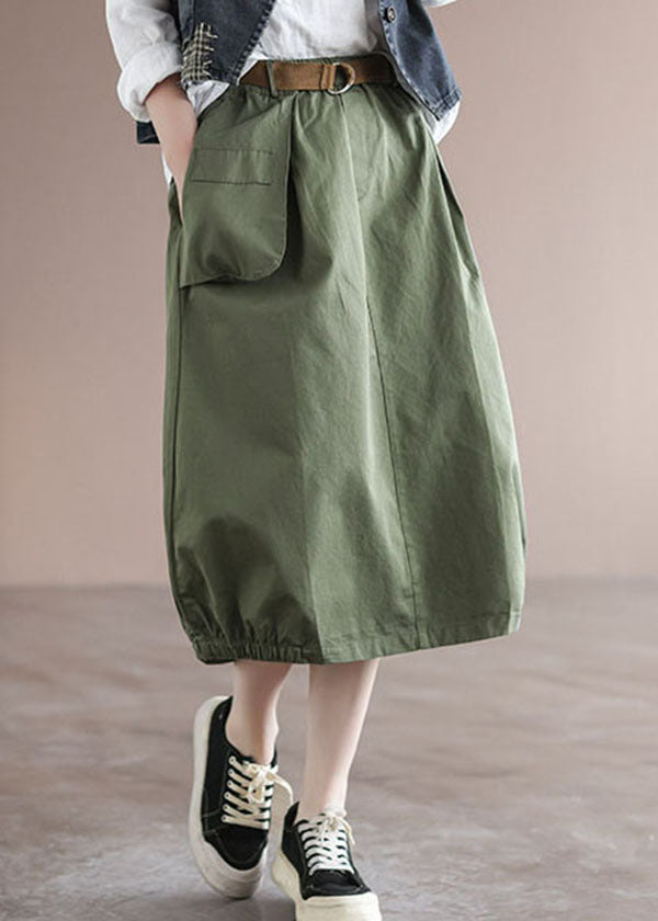 Solid Green Patchwork Cotton Skirt High Waist Pockets Summer