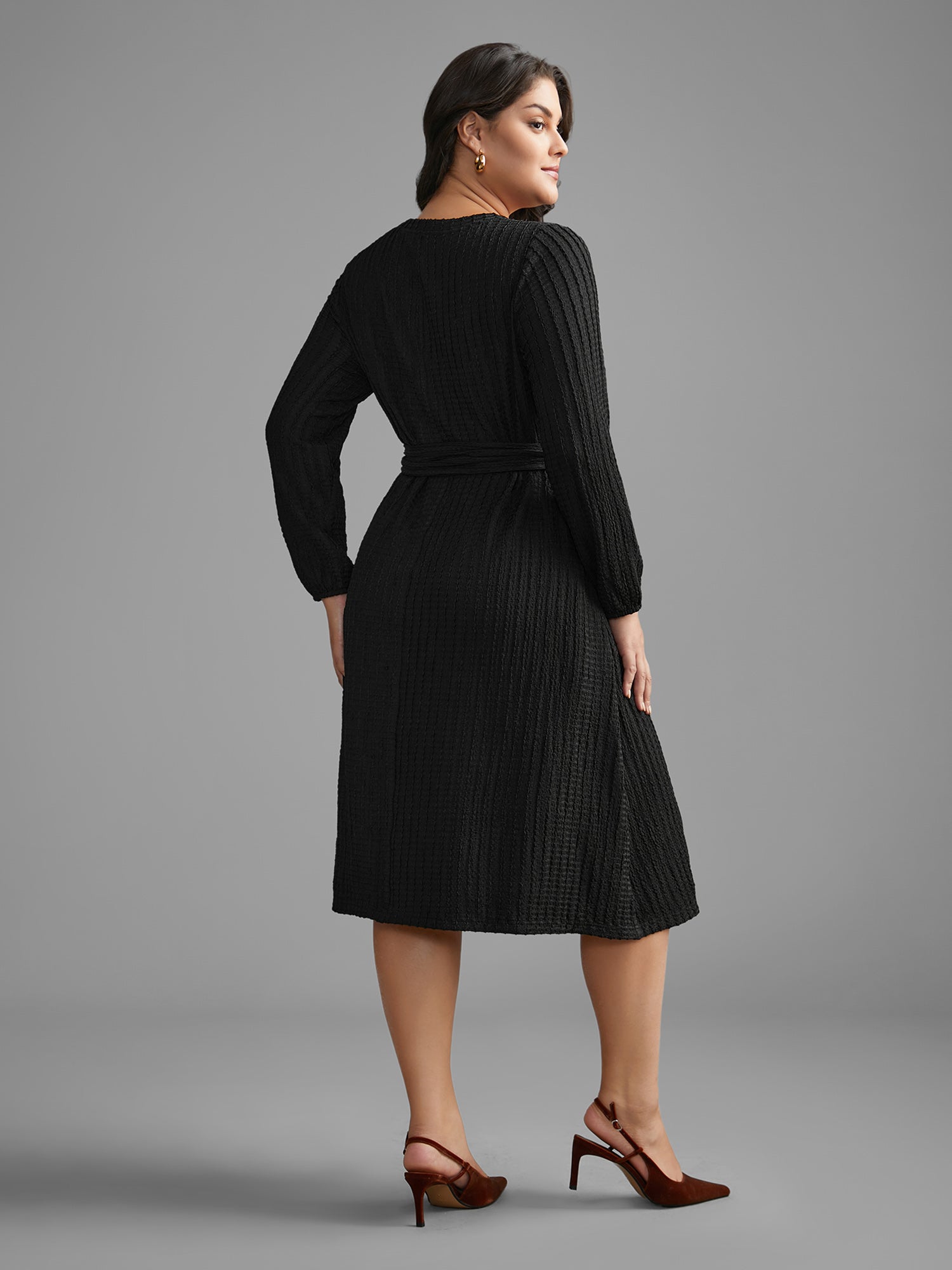 Plain Textured Belted Knit Dress