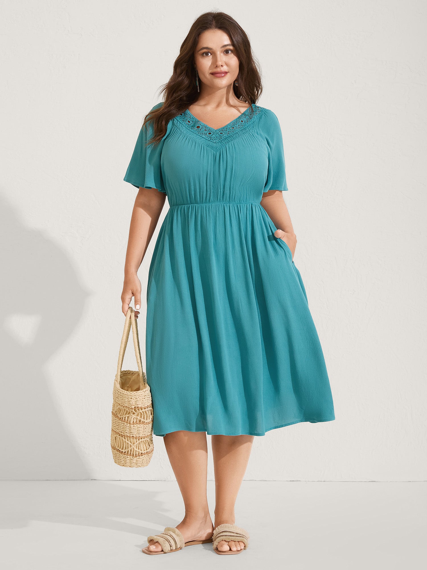 Lace Neck Flared Sleeve Midi Dress