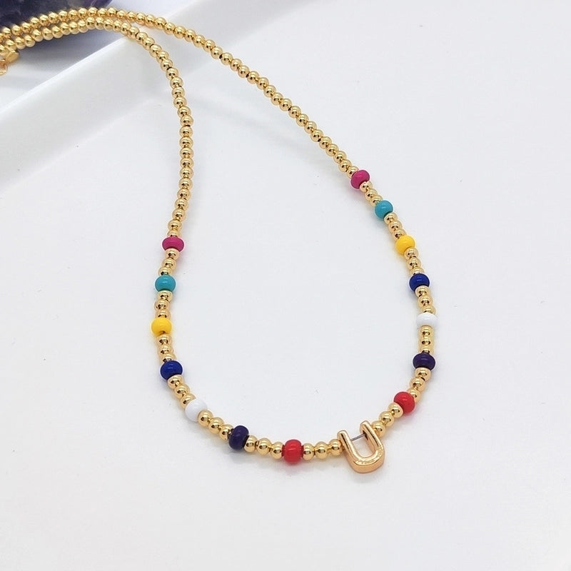 Ig Style Minimalist Letter Glass Copper Beaded Knitting Plating 18k Gold Plated Necklace