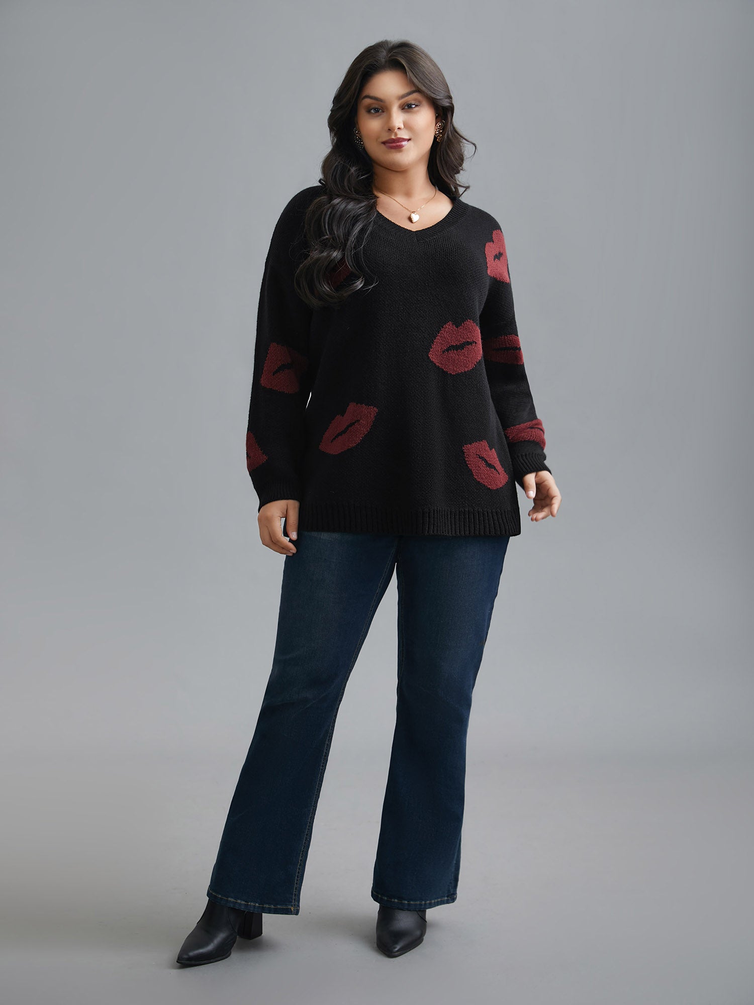 Lip Print Contrast Knit Pullover