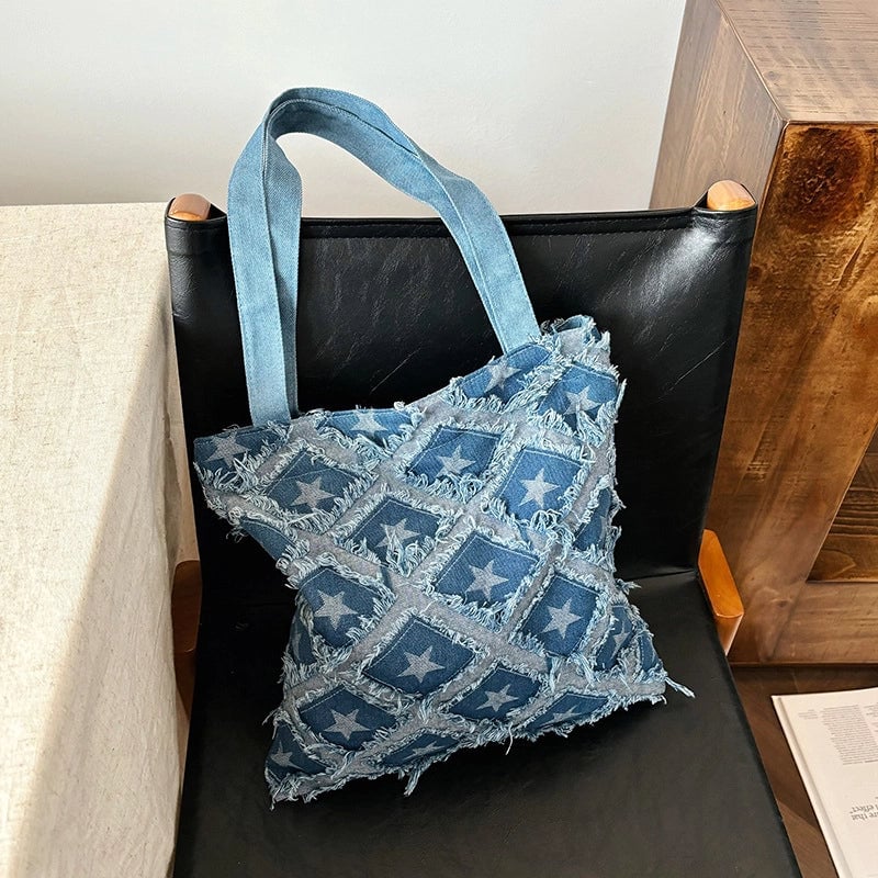 Women's Denim Star Classic Style Square Zipper Tote Bag