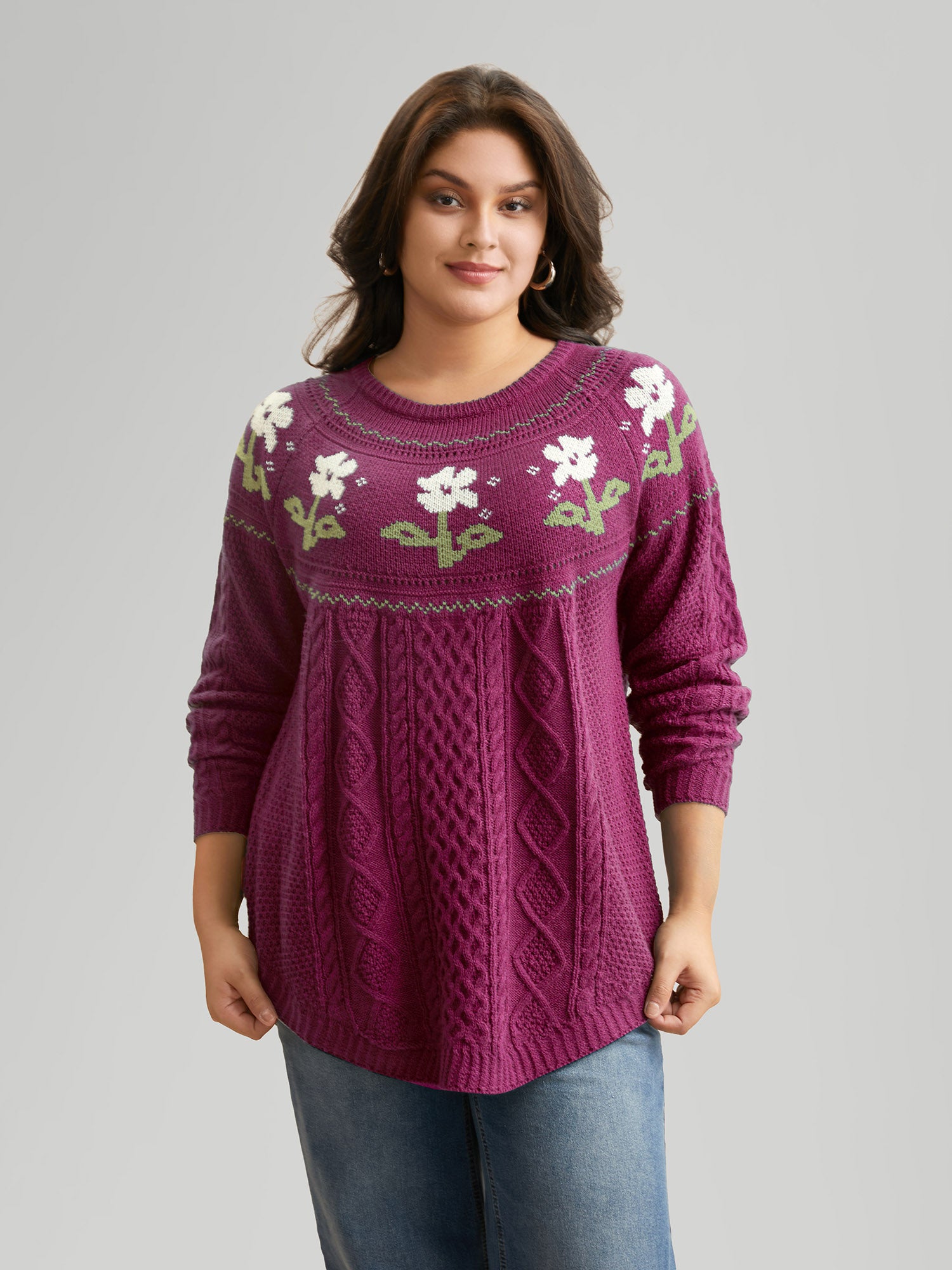 Floral Jacquard Raglan Sleeve Pullover