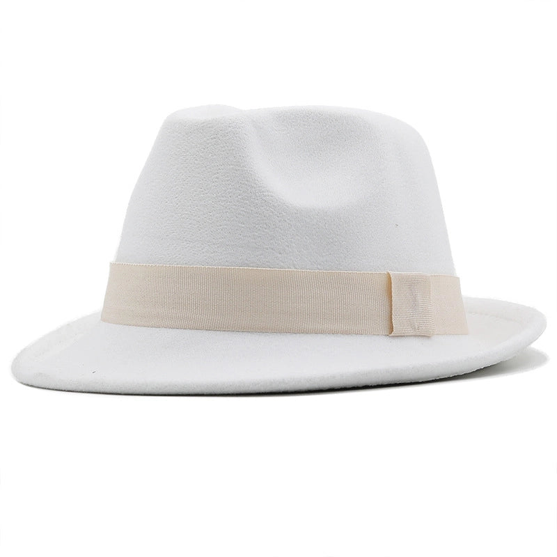 New Brim Hat Woolen Jazz Hat  Top Hat With Hat Band Solid Color Woolen Hat