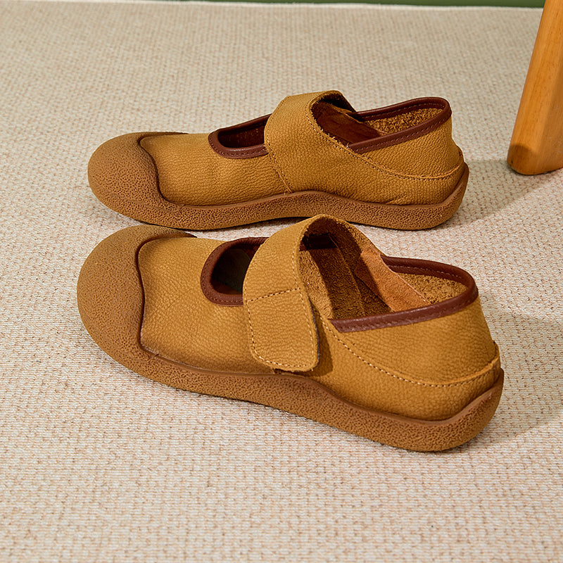 Soft Leather Mary Jane Shoes Rubber-toe Casual Flats with Velcro Strap in Yellow Brown