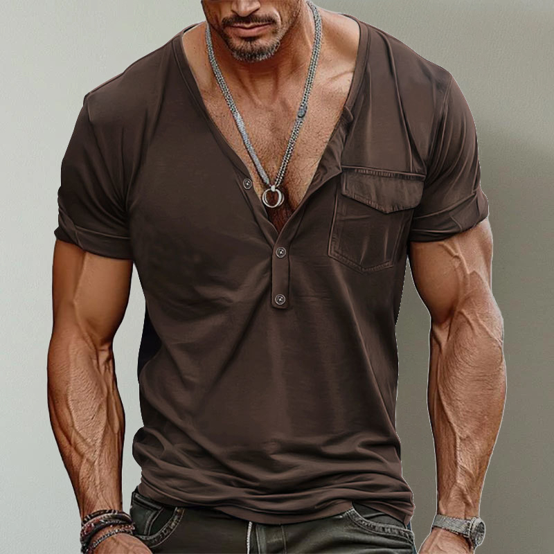 Casual V-Neck Solid Color Single Pocket Short-Sleeved T-Shirt