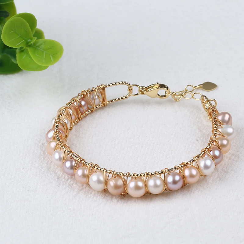 Fahion Freshwater Pearl Wrapped Adjustable Cuff Opening Bangle Bracelet For Women