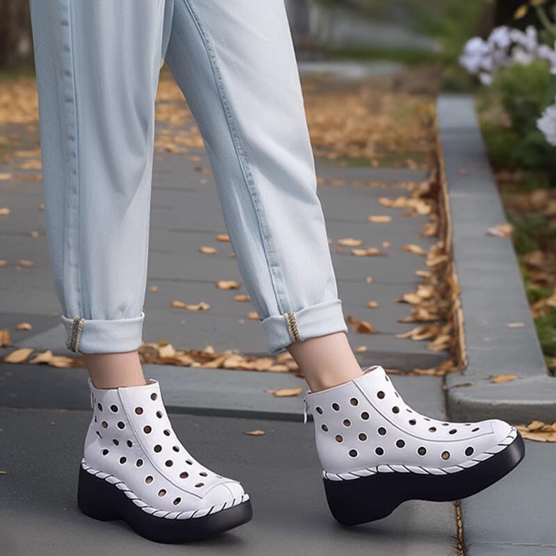 Cut Out Summer Boots Breathable Leather Short Boots in Black/White