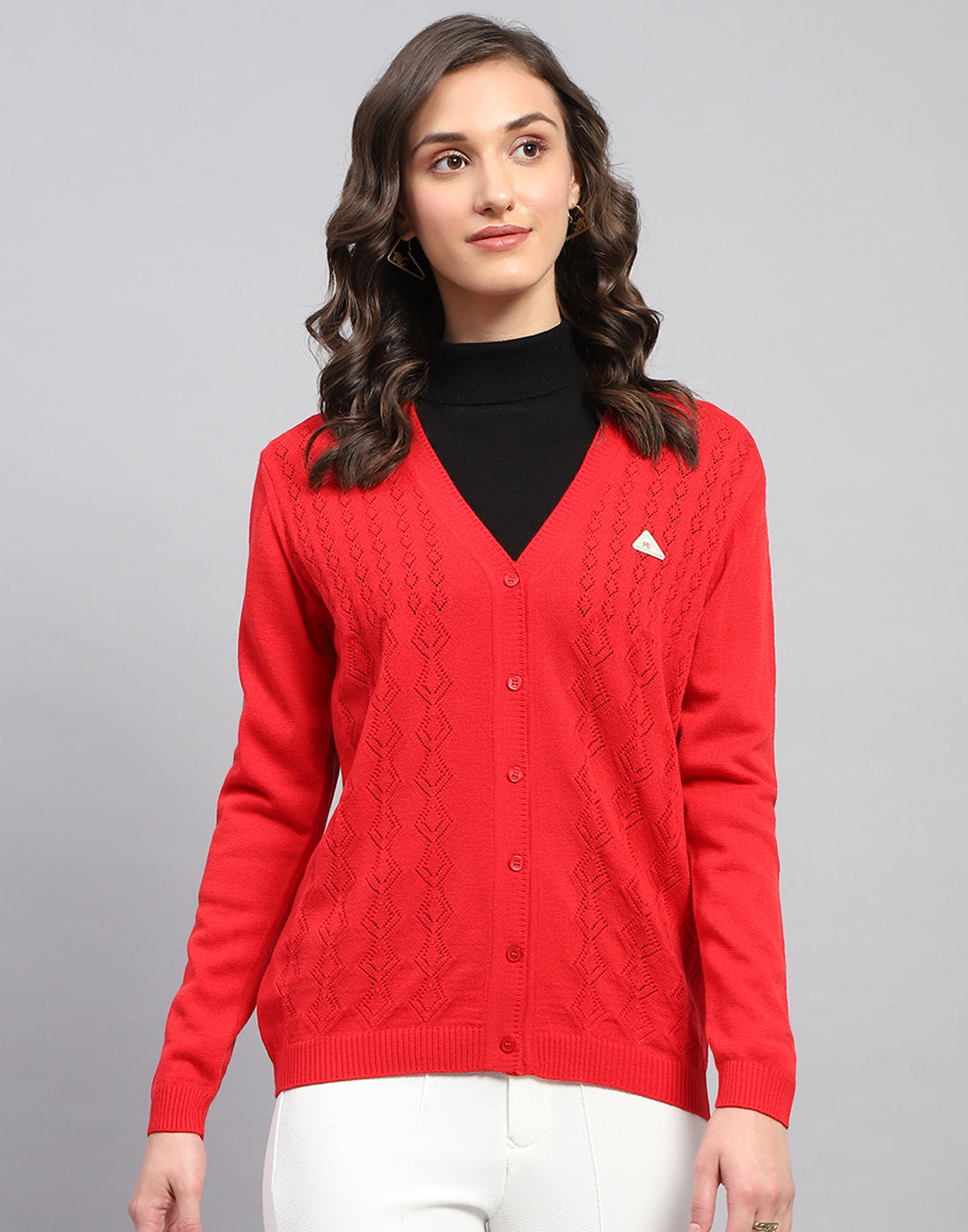 Women Red Self Design V Neck Full Sleeve Cardigan