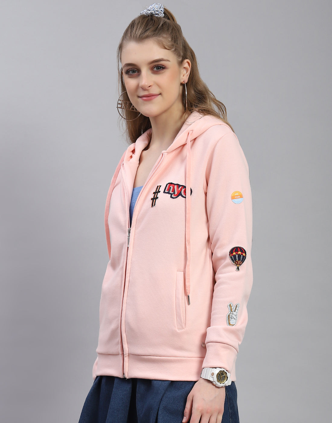 Women Pink Embroidered Hooded Full Sleeve Sweatshirt