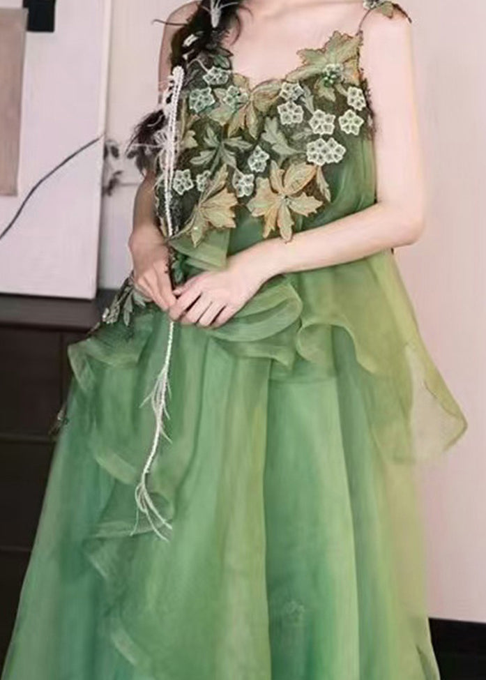 Stylish Green Embroidered Patchwork Silk Cotton Spaghetti Strap Dress Sleeveless