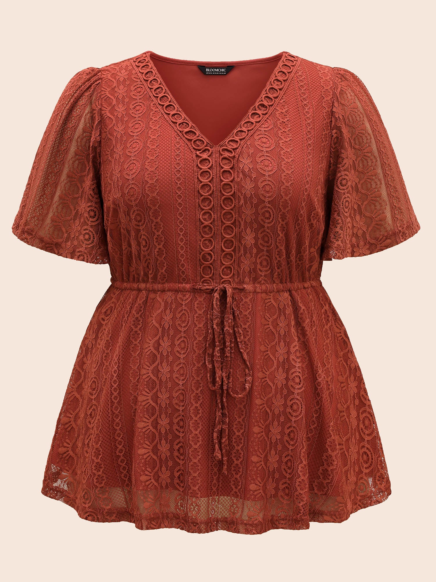 V Neck Lace Panel Drawstring Blouse