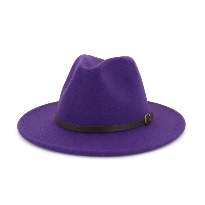 New Women's Woolen Brown Belt Buckle Top Hat Men And Women Couple Hat Flat Brim Big Brim Jazz Hat