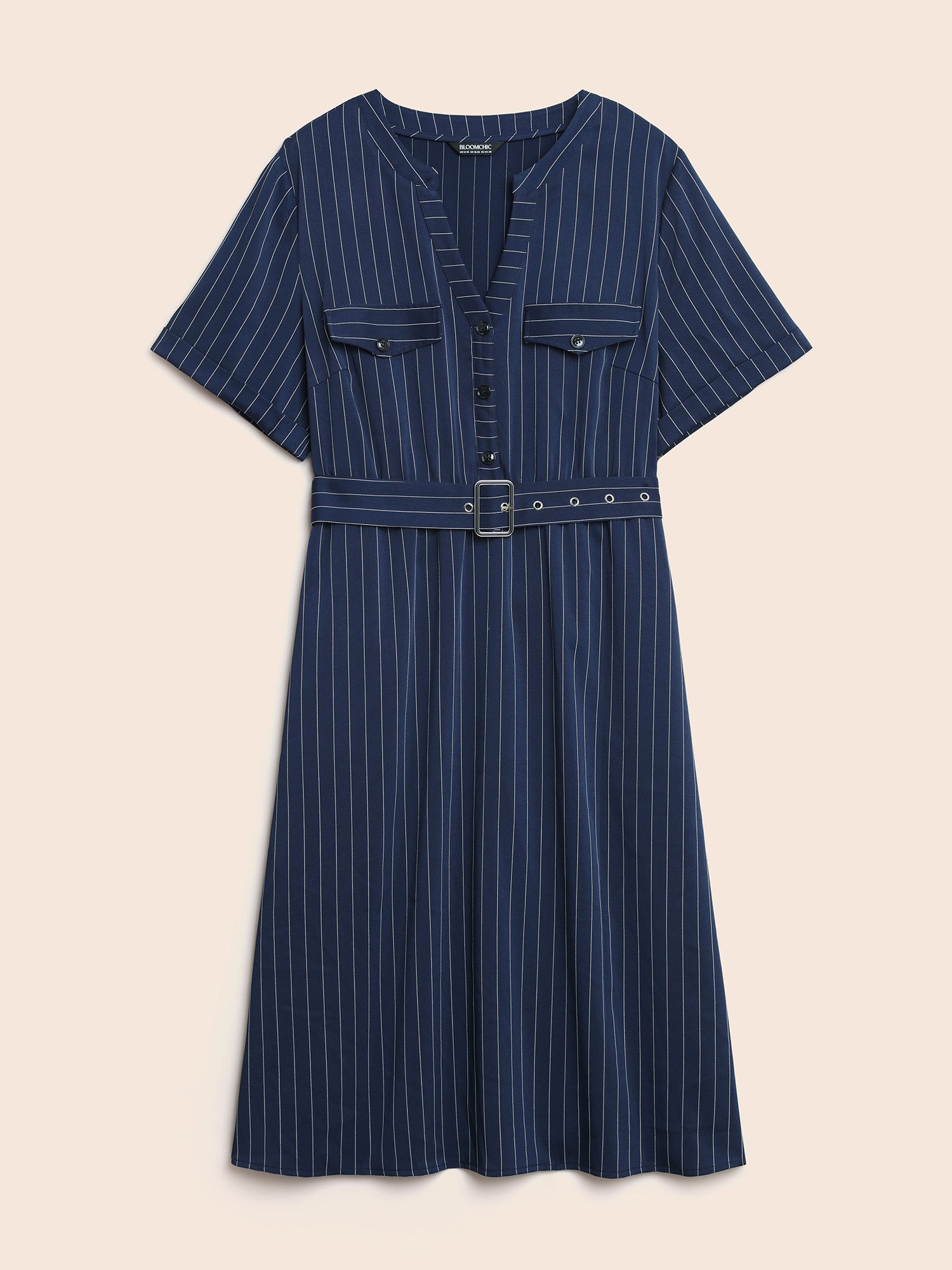 Striped Notched Button Detail Belted Dress