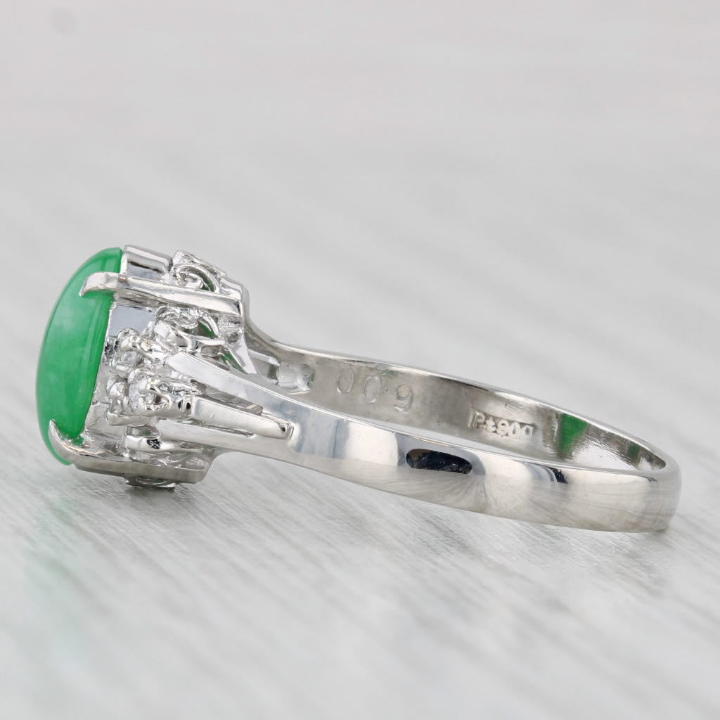 Green Oval Cabochon Jadeite Jade Diamond Ring 900 Platinum Size 7.5
