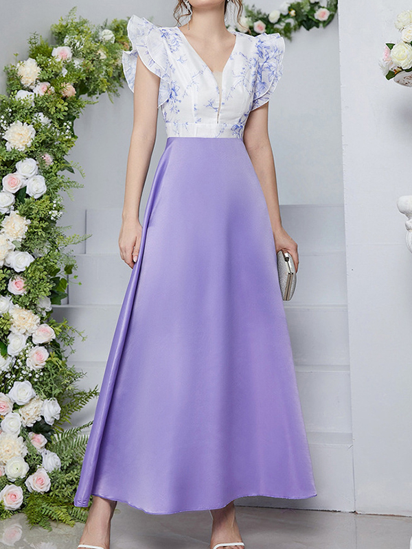 High Waisted Petal Sleeves Printed Split-Joint Deep V-Neck Maxi Dresses
