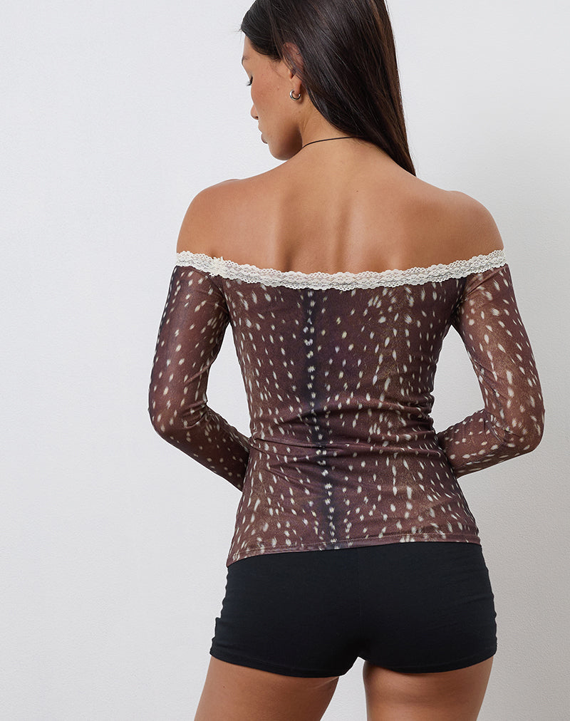 Rusaka Bardot Top in Mesh Deer Print Brown