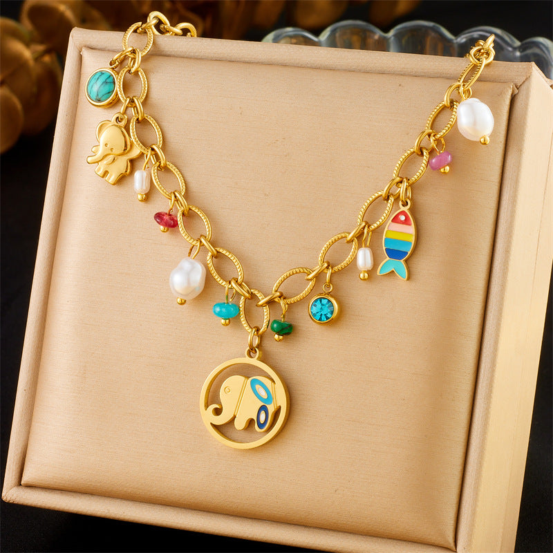 Personalized Hollow Round Plate Epoxy Elephant Sweater Chain Stainless Steel Color-Preserving Accessories Goldfish Pendant Necklace