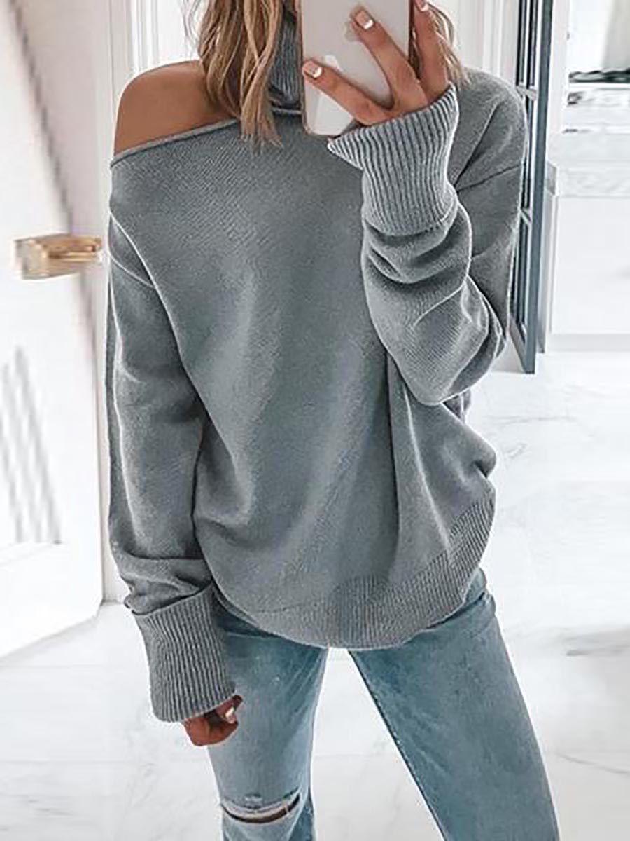 Turtleneck Cold Shoulder Solid Knit Pullovers