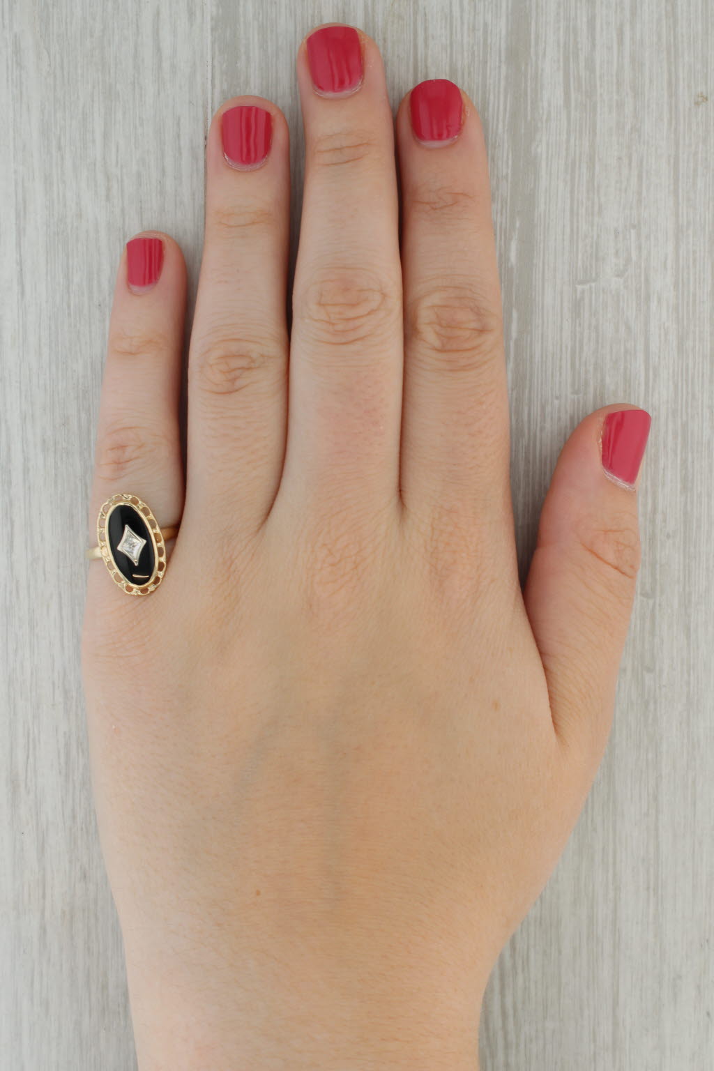 Vintage Onyx Diamond Signet Ring 10k Yellow White Gold Size 7.25