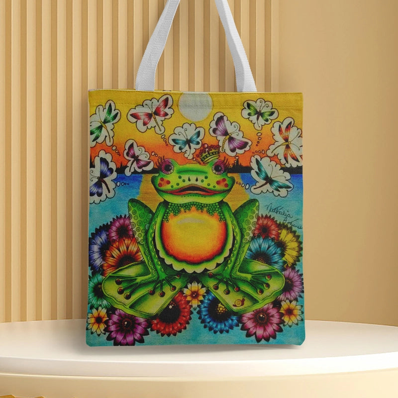 Women's Medium Canvas Frog Basic Classic Style Square Open Canvas Bag